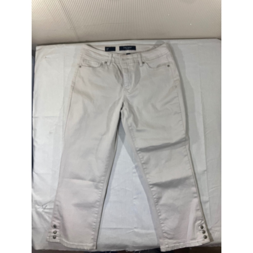 Nine West Women's Size 8 Beige Denim Bootcut Capri Embellished Pockets Snap Hem